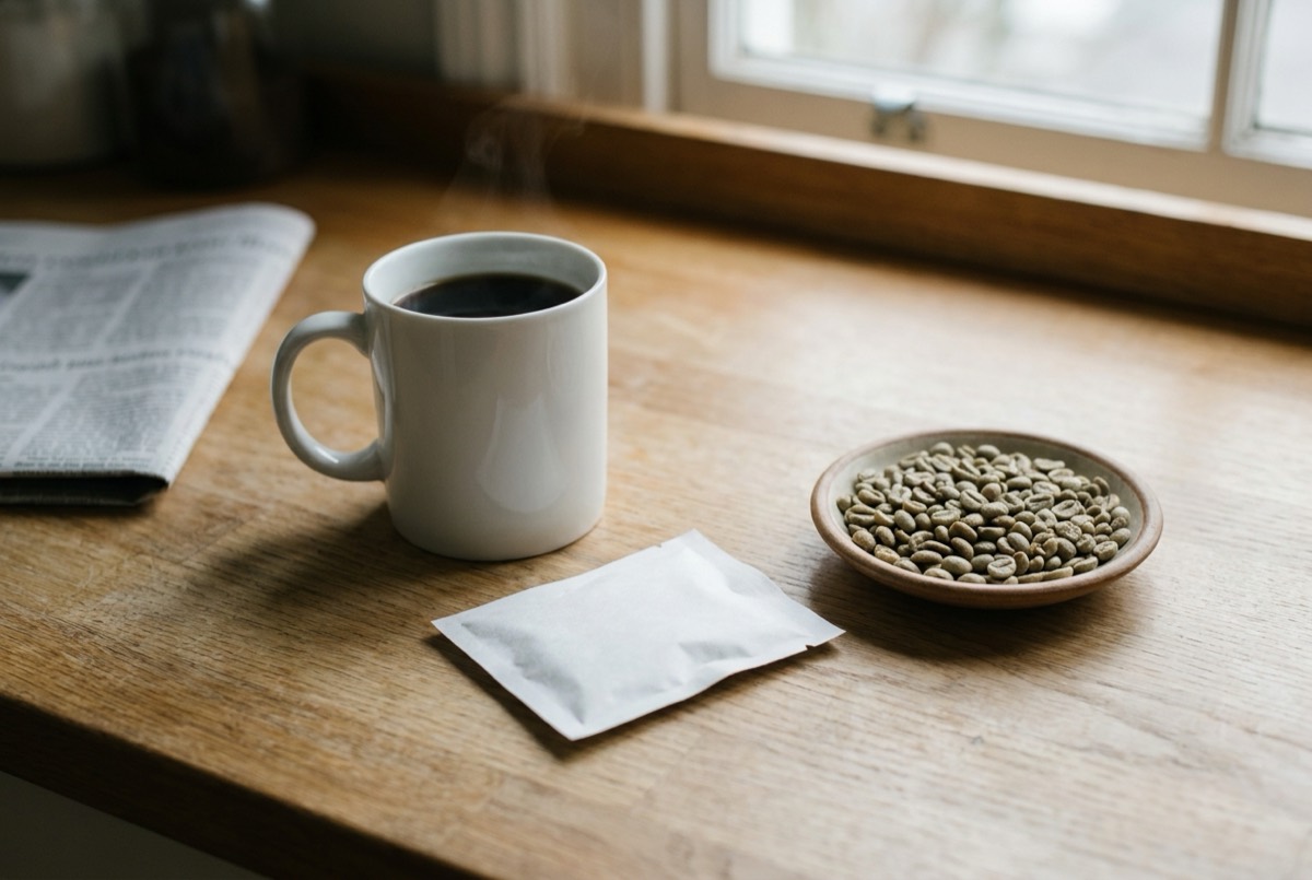 Kaffeetasse und grüne Kaffeebohnen auf heller Arbeitsfläche